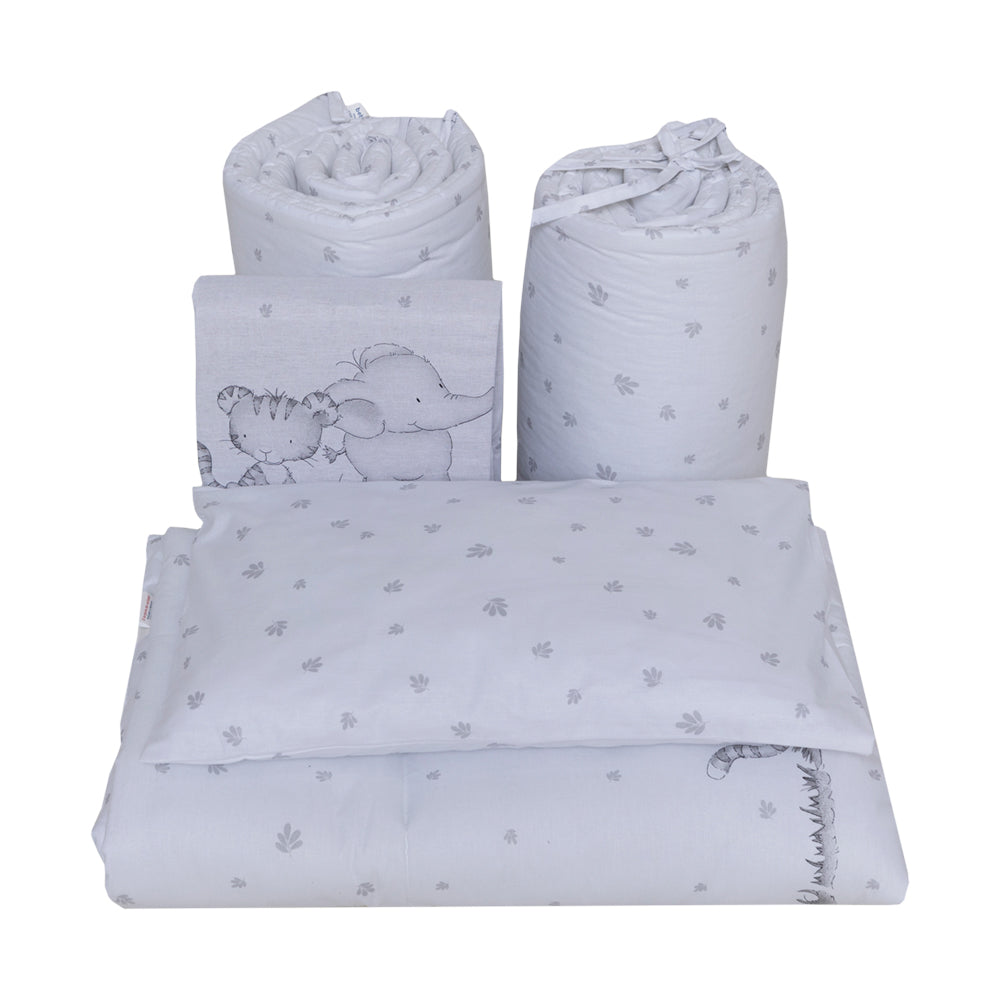 Set lenjerie bumbac 5 piese pentru saltea de 120 x 60 cm, Safari Friends alb