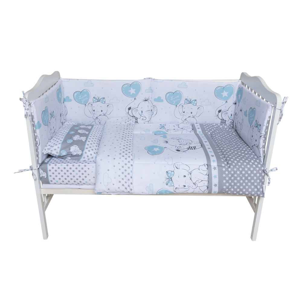 Set lenjerie bumbac 5 piese pentru saltea de 120 x 60 cm, Love Elephants Blue