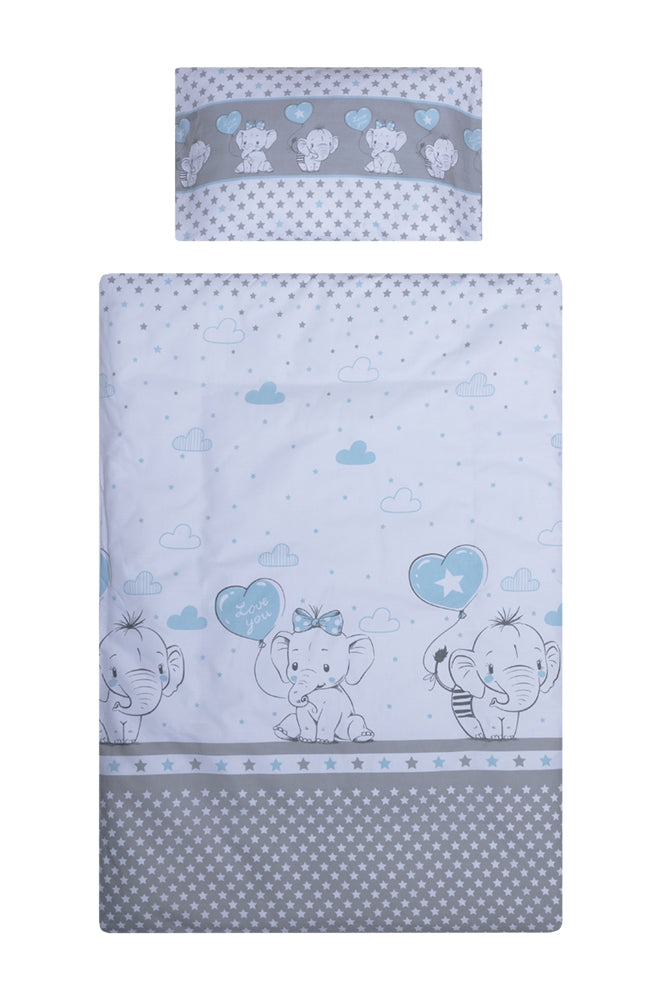 Set lenjerie bumbac 3 piese pentru saltea de 120 x 60 cm, Love Elephants Blue
