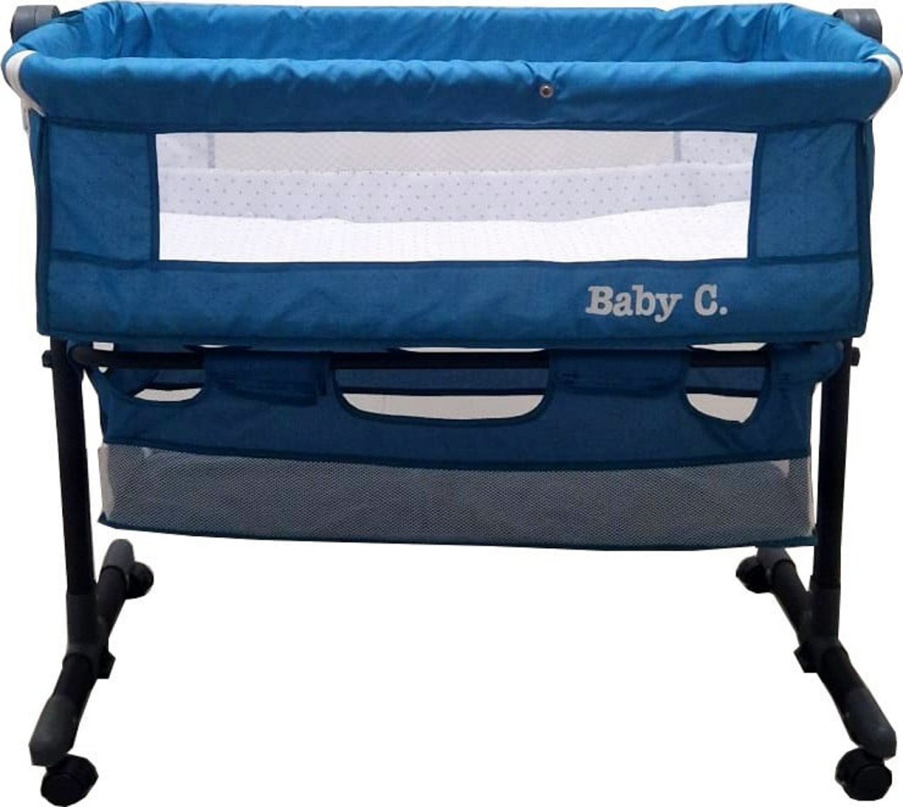 Patut copii transformabil in balansoar Baby Care, Cu plasa insecte, 85X95X50 cm, Saltea inclusa, Albastru