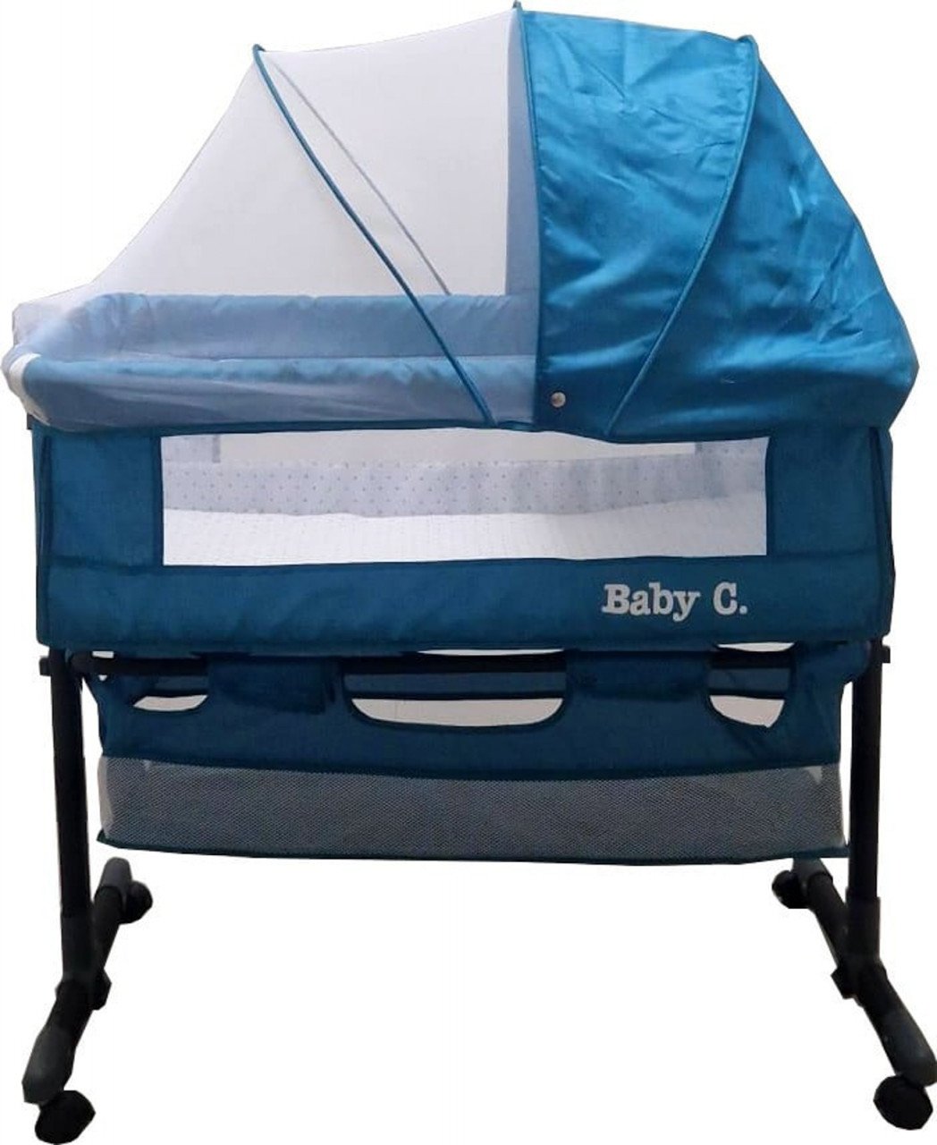 Patut copii transformabil in balansoar Baby Care, Cu plasa insecte, 85X95X50 cm, Saltea inclusa, Albastru