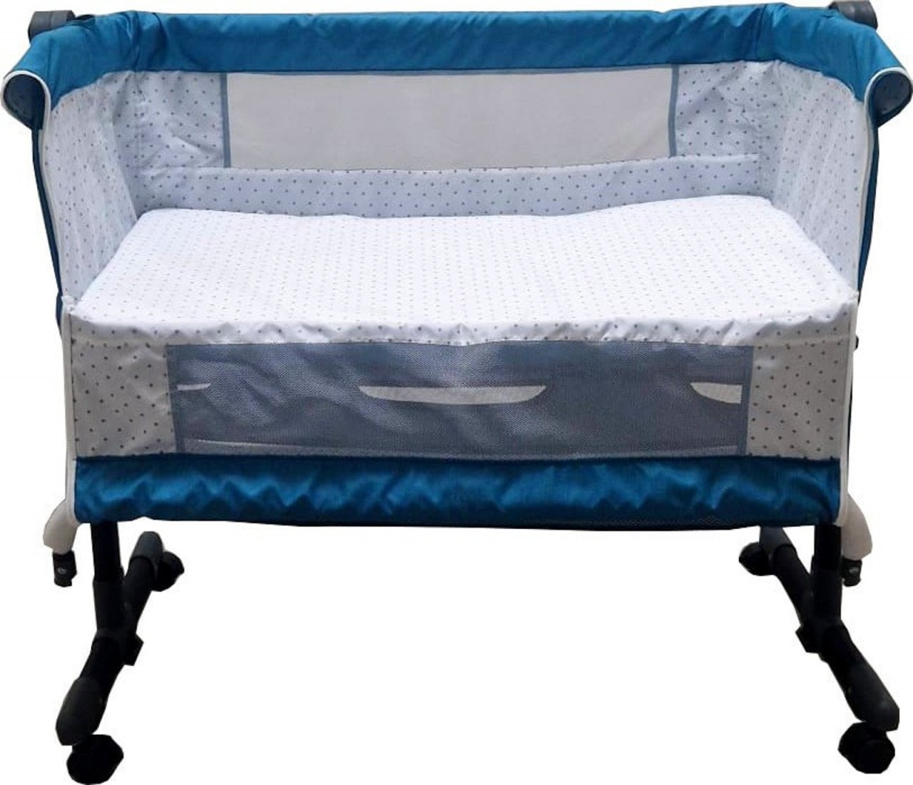 Patut copii transformabil in balansoar Baby Care, Cu plasa insecte, 85X95X50 cm, Saltea inclusa, Albastru