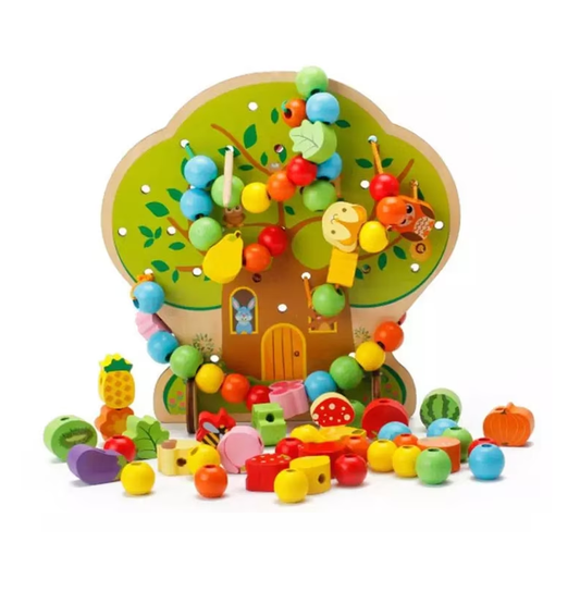 Pomul cu fructe din lemn, joc Montessori de snuruit si insirat 2 in 1
