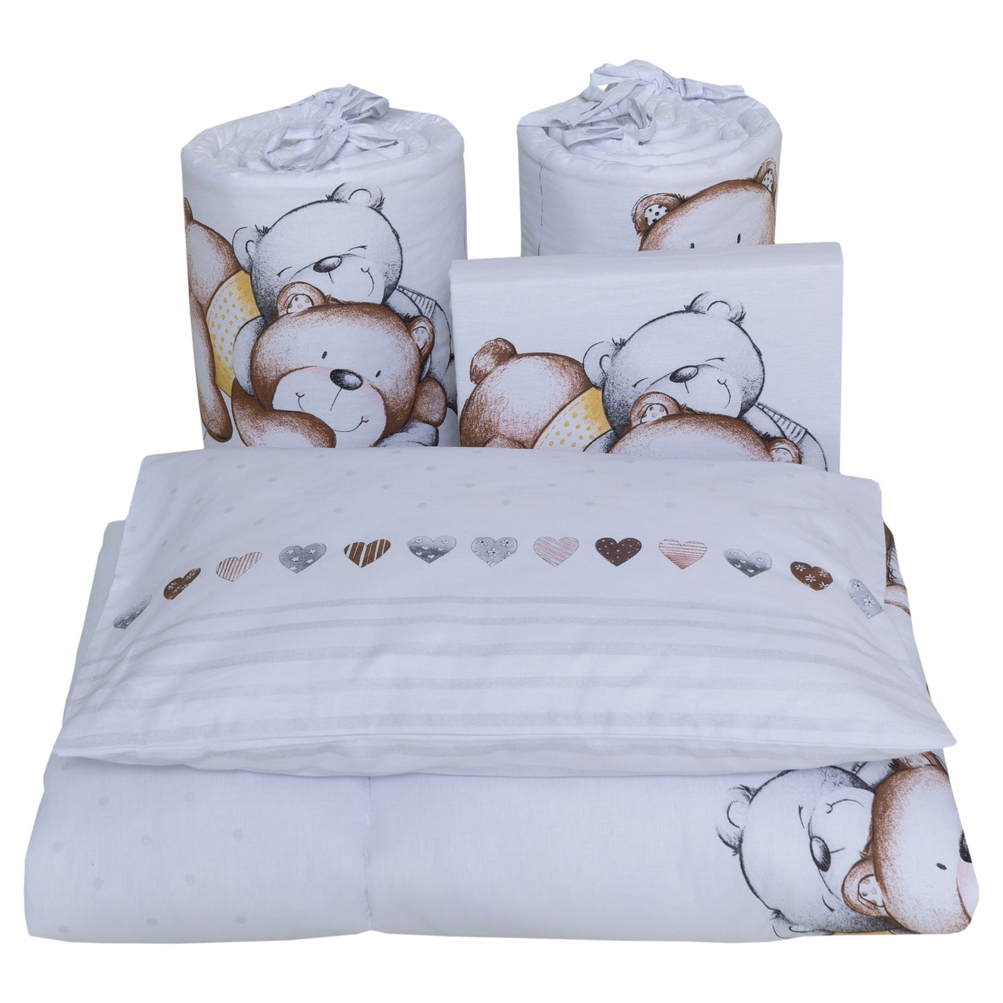 Set lenjerie bumbac 5 piese pentru saltea de 120 x 60 cm, Teddy Bear Alb